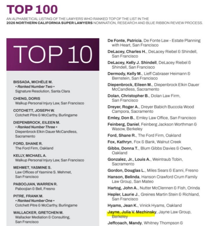 Julia Jayne Named to the 2026 Northern California Super Lawyers Top 100 and Top 50 Women Lists