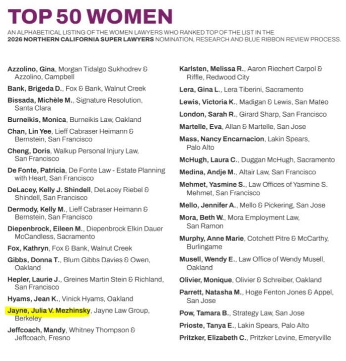Julia Jayne Named to the 2026 Northern California Super Lawyers Top 100 and Top 50 Women Lists